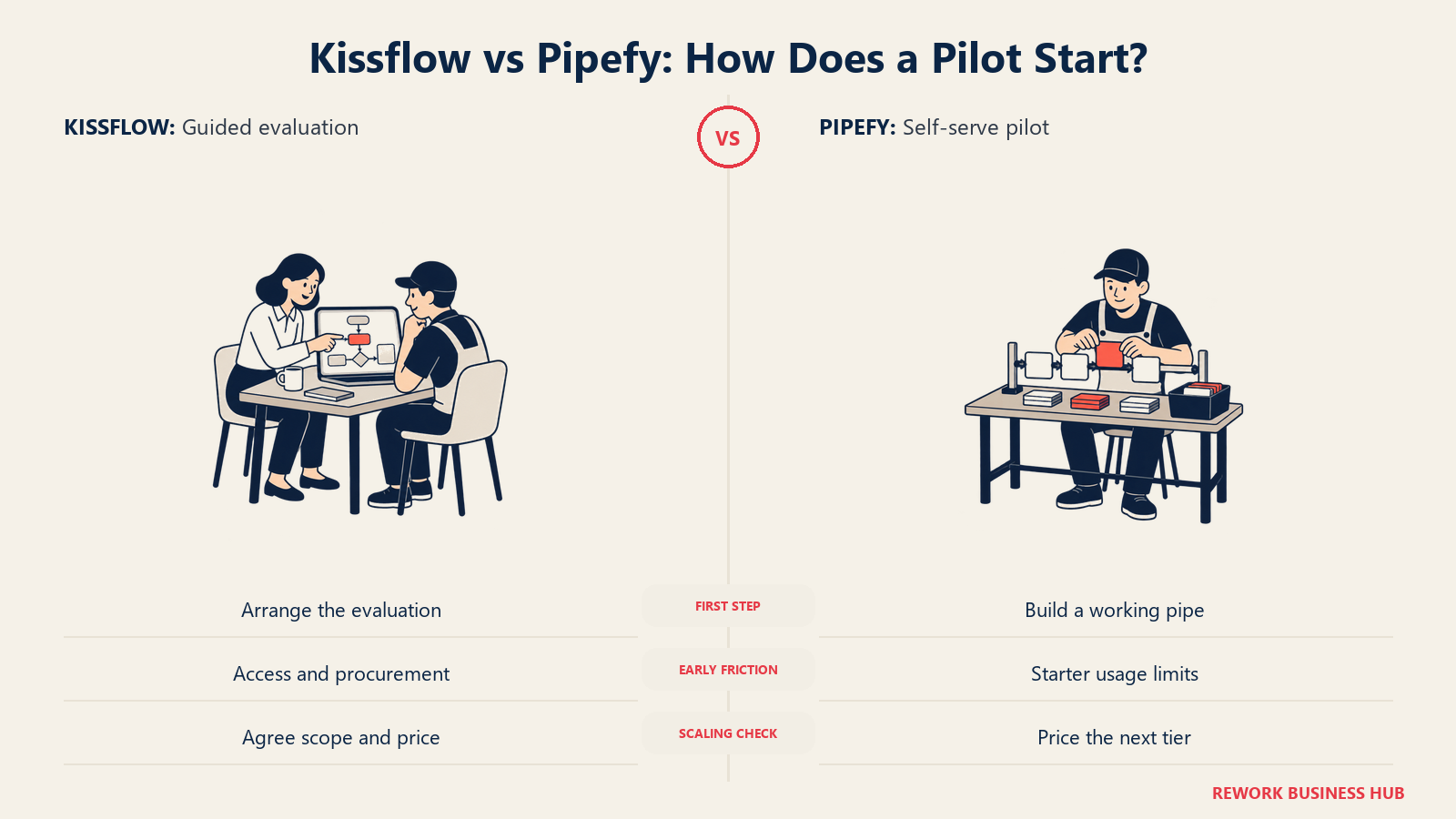 Kissflow vs Pipefy: Bagaimana Pilot Dimulai?: Kissflow dimulai melalui evaluasi yang dipimpin sales; Pipefy memungkinkan tim membangun proses pertama secara langsung.