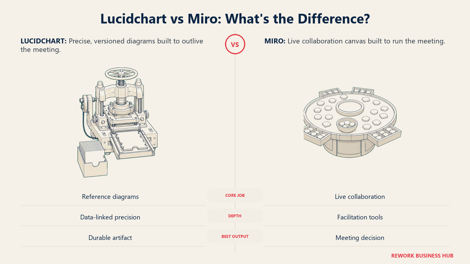 Lucidchart precision diagram archive compared with Miro live workshop canvas