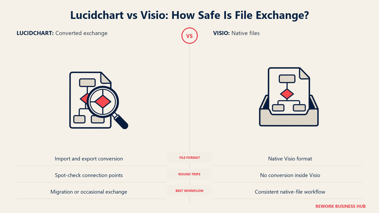 Lucidchart vs Visio: Wie sicher ist der Dateiaustausch?: Lucidchart importiert und exportiert Visio-Dateien; wiederholte Konvertierung erfordert dennoch einen Genauigkeitstest an repräsentativen Dateien.