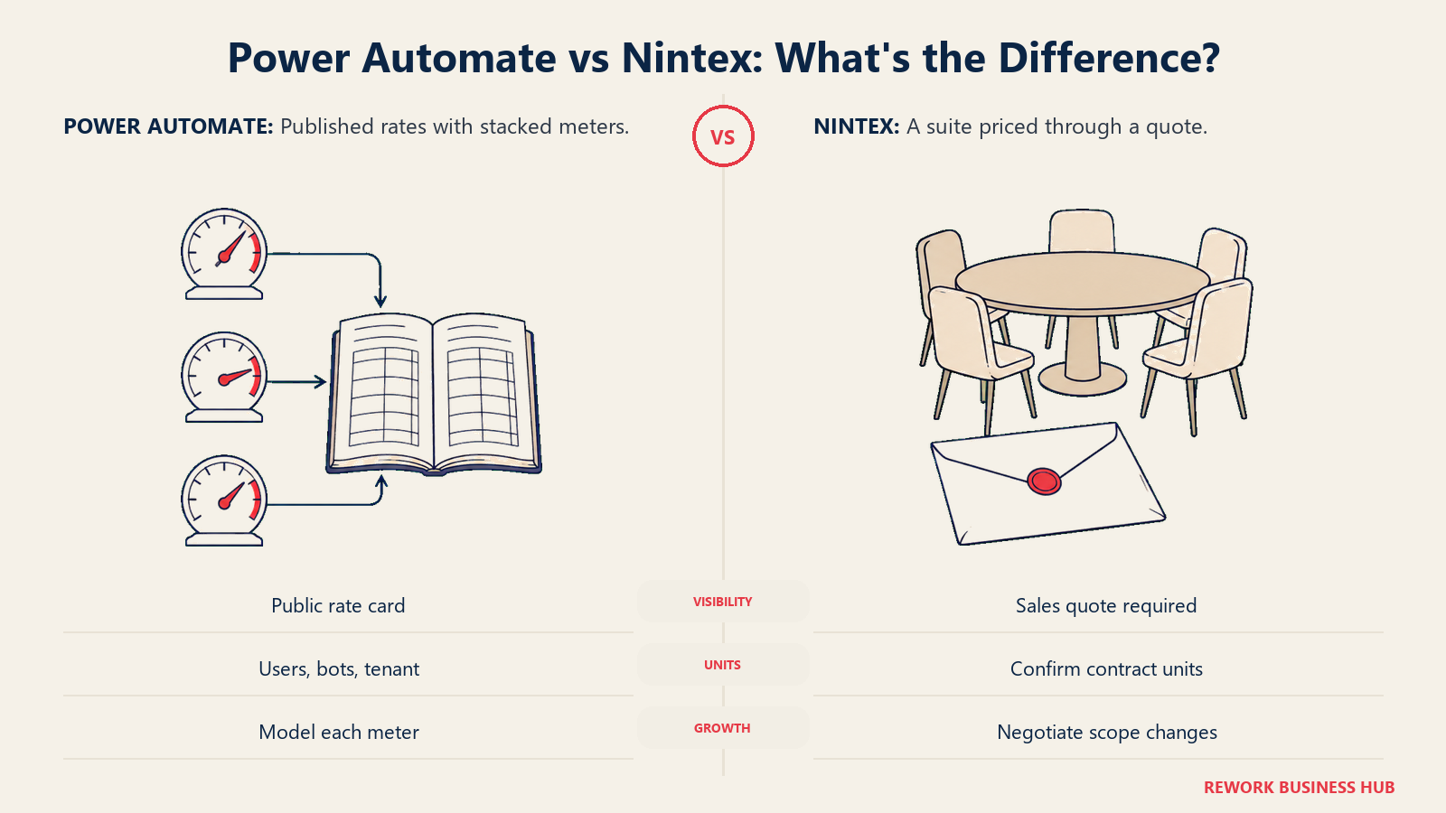 Power Automate published pricing meters compared with a Nintex negotiated quote