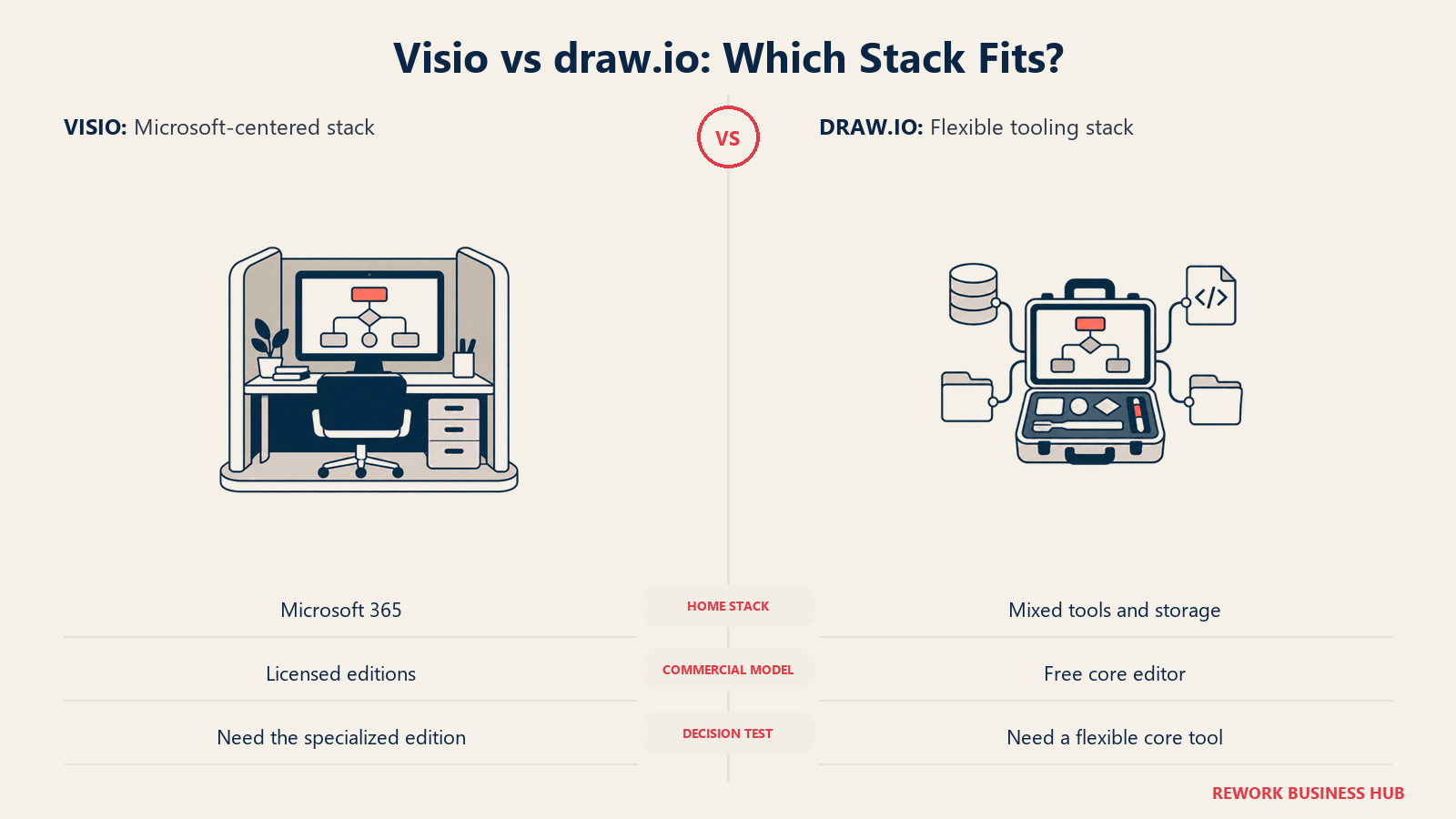 Visio vs draw.io: Stack Mana yang Cocok?: Visio cocok untuk diagram yang berpusat pada Microsoft; draw.io cocok untuk tim yang memilih alat dan penyimpanannya sendiri.