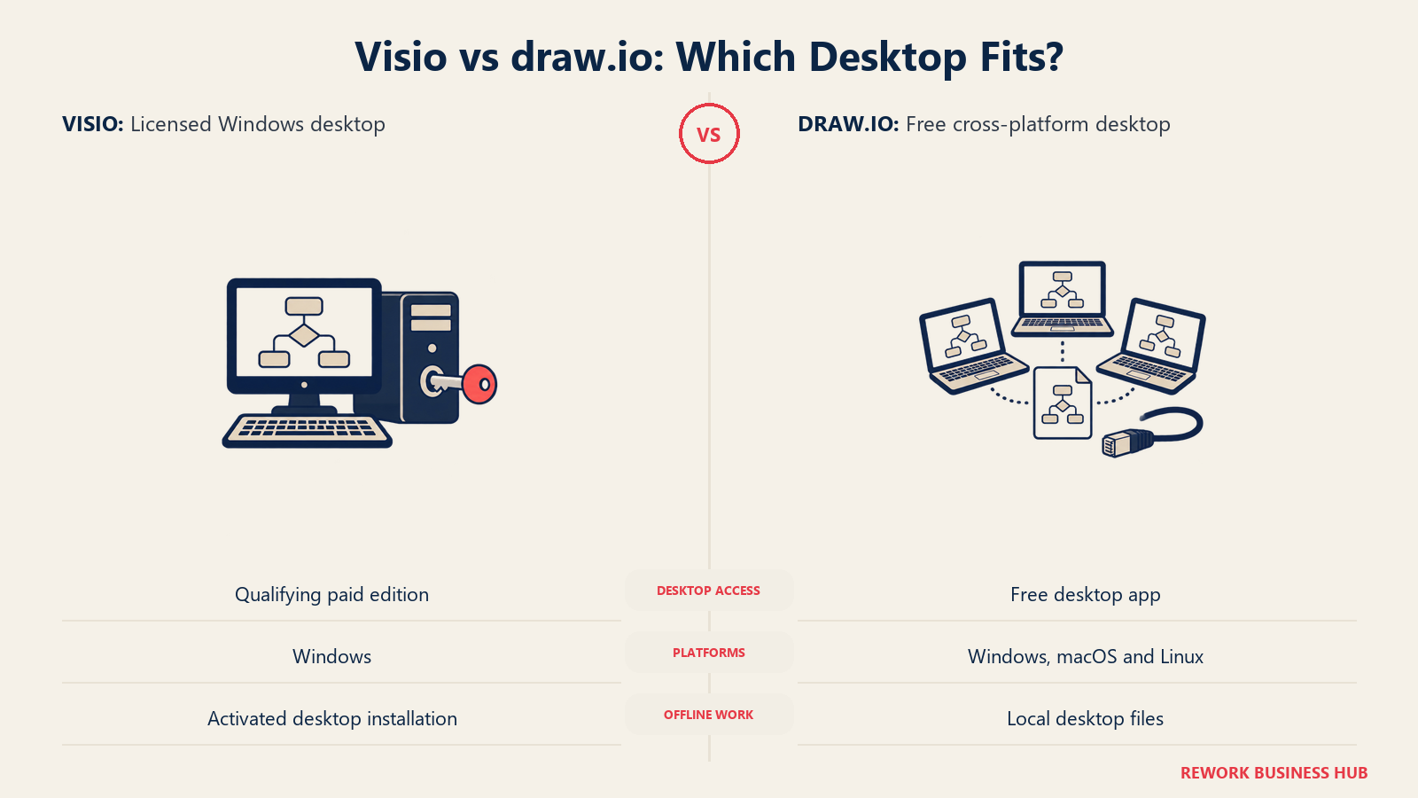 Visio vs draw.io: Desktop Mana yang Cocok?: Visio desktop memerlukan lisensi Windows yang memenuhi syarat; draw.io desktop mendukung beberapa sistem operasi.