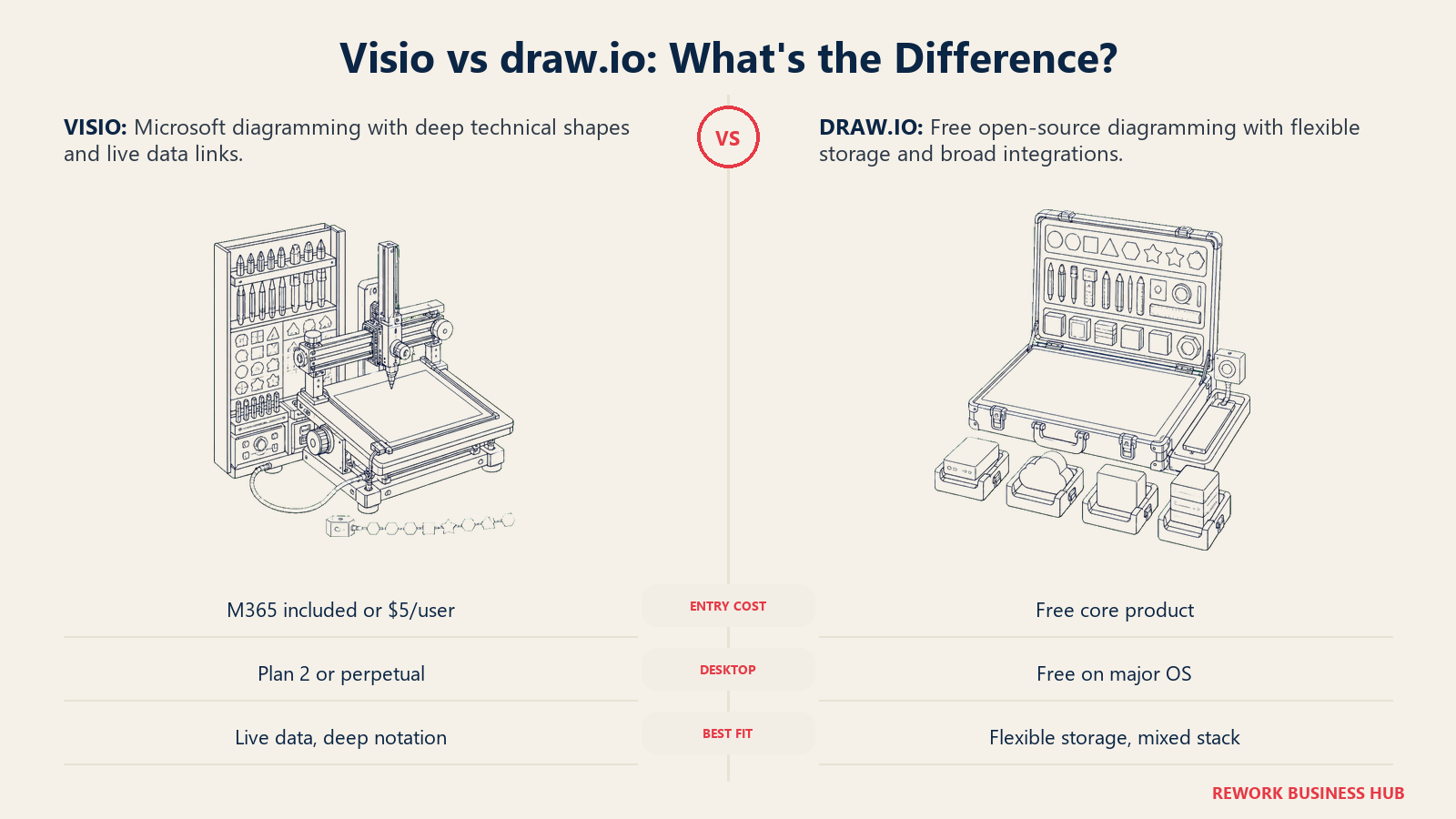 Visio technical drafting rig with live data compared with draw.io's free portable drawing rig and flexible storage