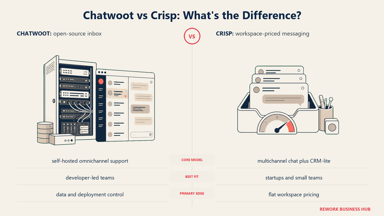 Chatwoot versus Crisp shown with matched metaphors for their operating models
