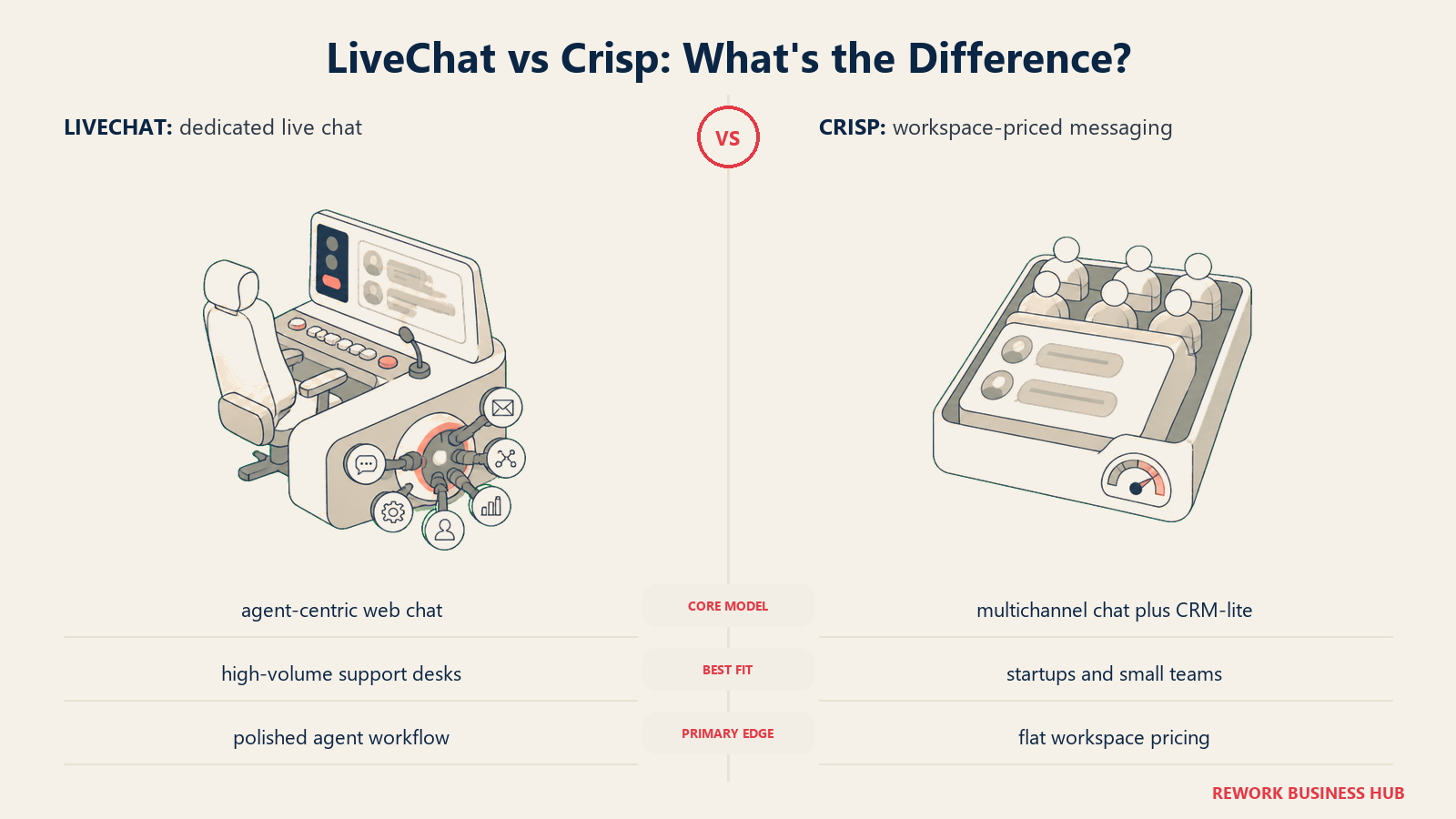 LiveChat versus Crisp shown with matched metaphors for their operating models