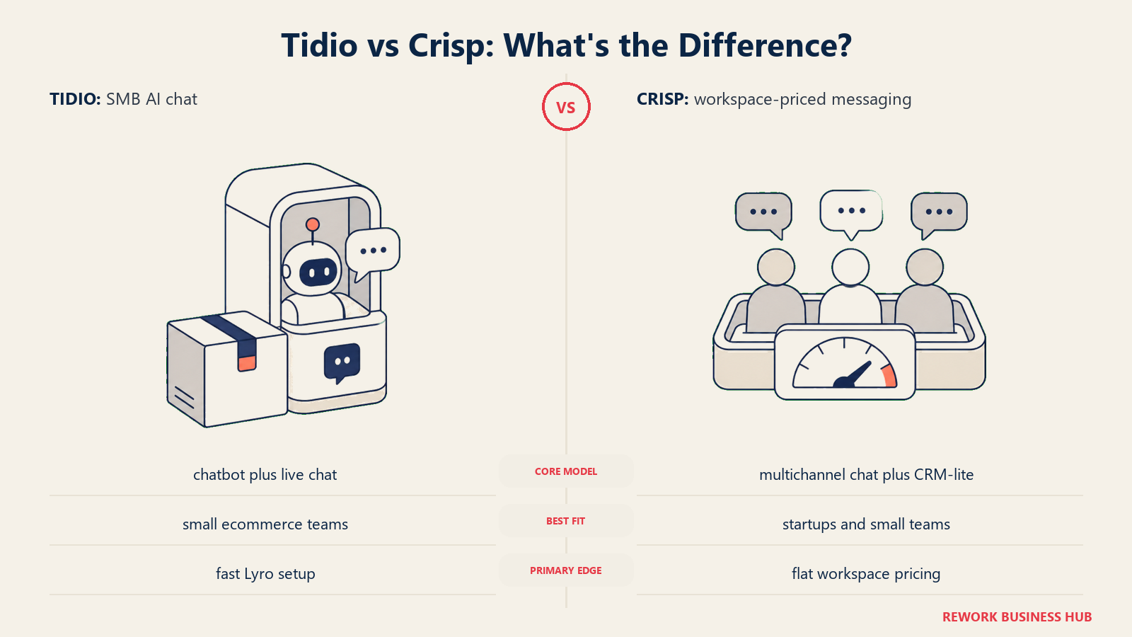 Tidio versus Crisp shown with matched metaphors for their operating models