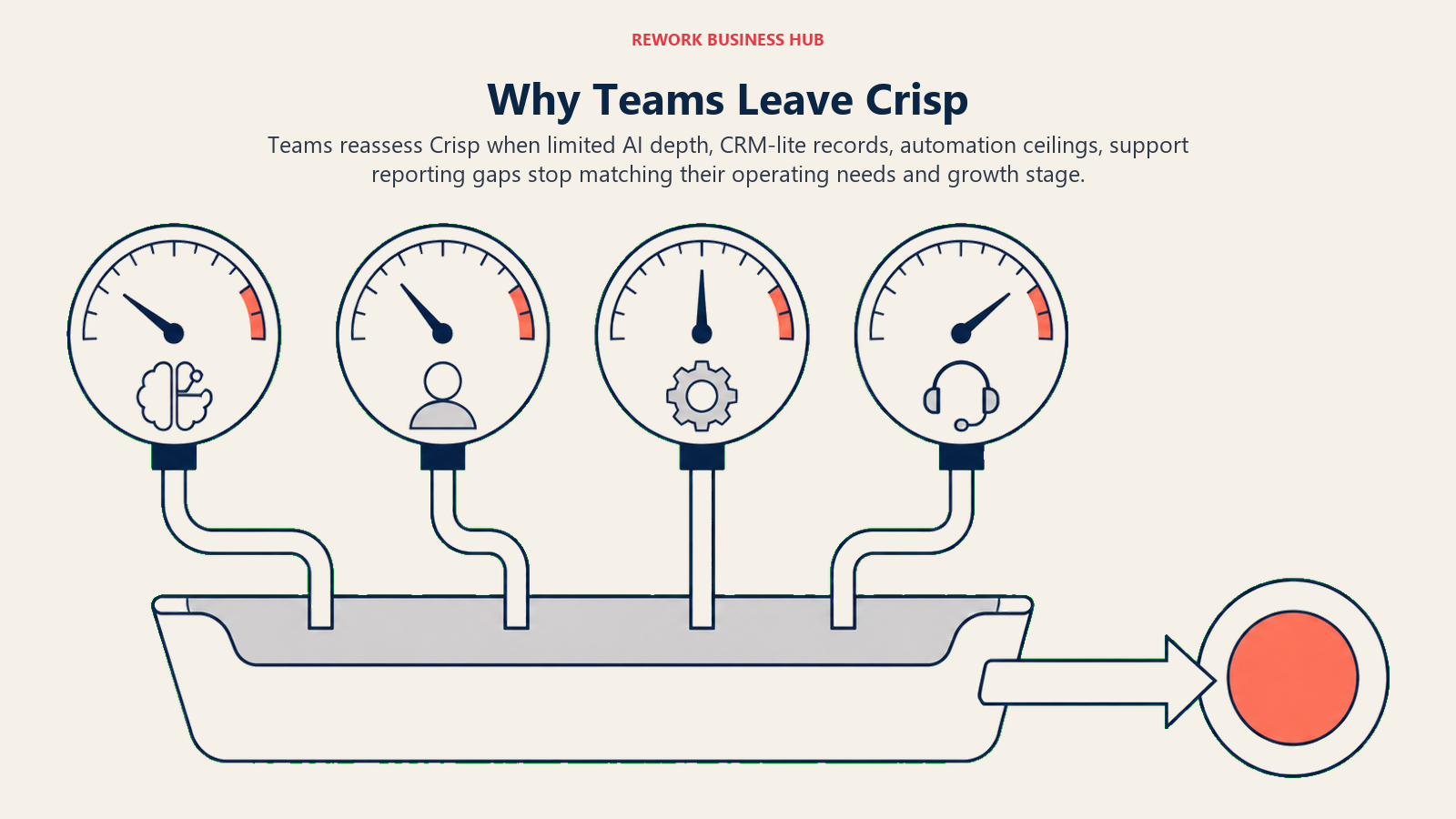 Why Teams Leave Crisp illustrated as a shared conversation tray with one flat workspace meter reaching four distinct pressure gauges for limited AI depth, CRM-lite records, automation ceilings, support reporting gaps, with one clear exit path