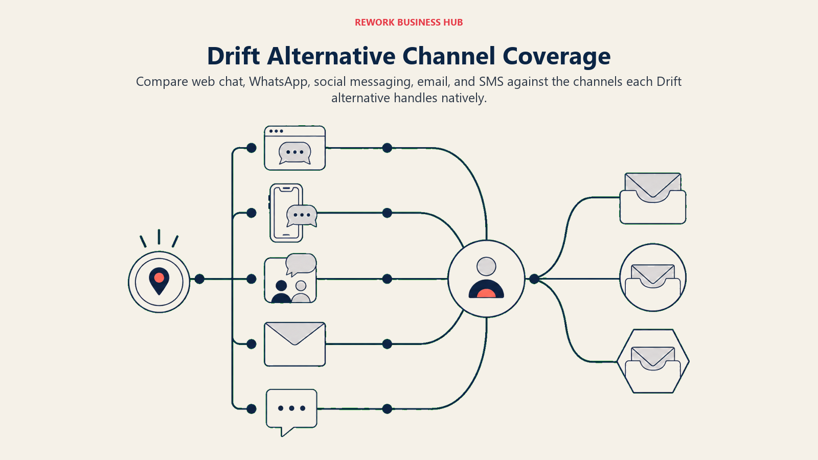 Drift Alternative Channel Coverage illustrated as five distinct communication lanes, web chat, mobile messaging, social conversation, email, and SMS, beginning beside a website intent beacon routing a priority account to sales and converging into three differently shaped inbox destinations without labels