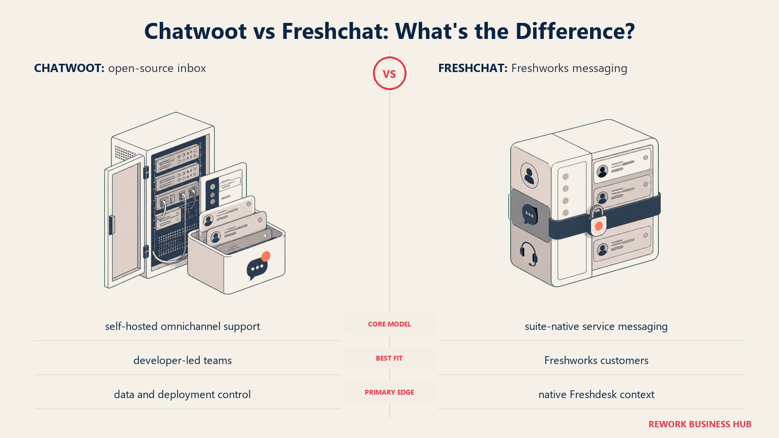 Chatwoot versus Freshchat shown with matched metaphors for their operating models