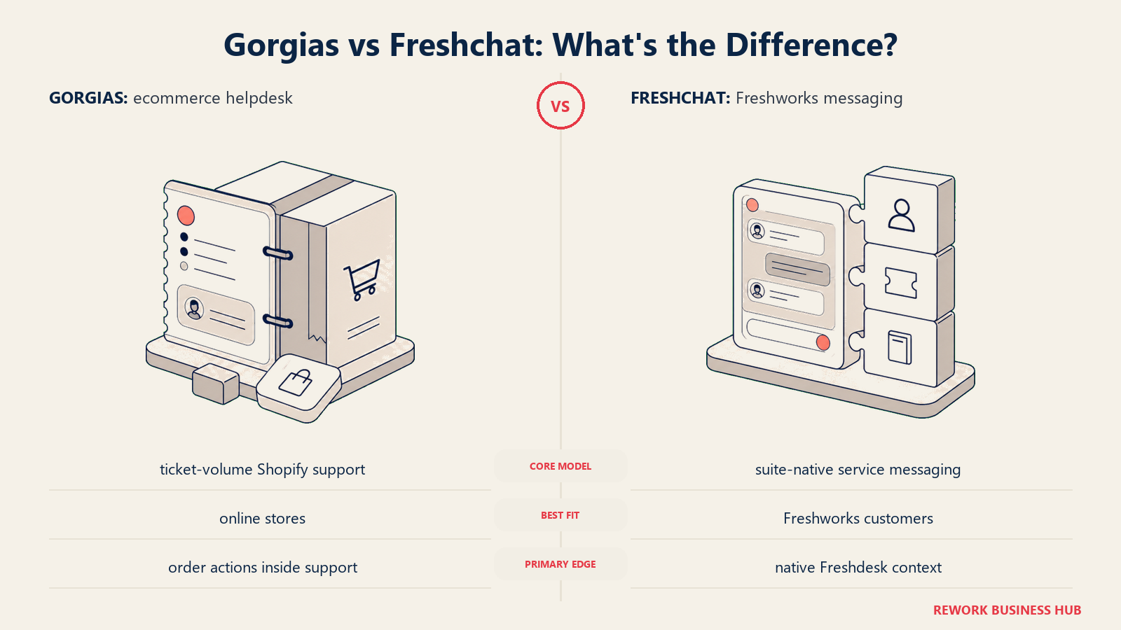 Gorgias versus Freshchat shown with matched metaphors for their operating models