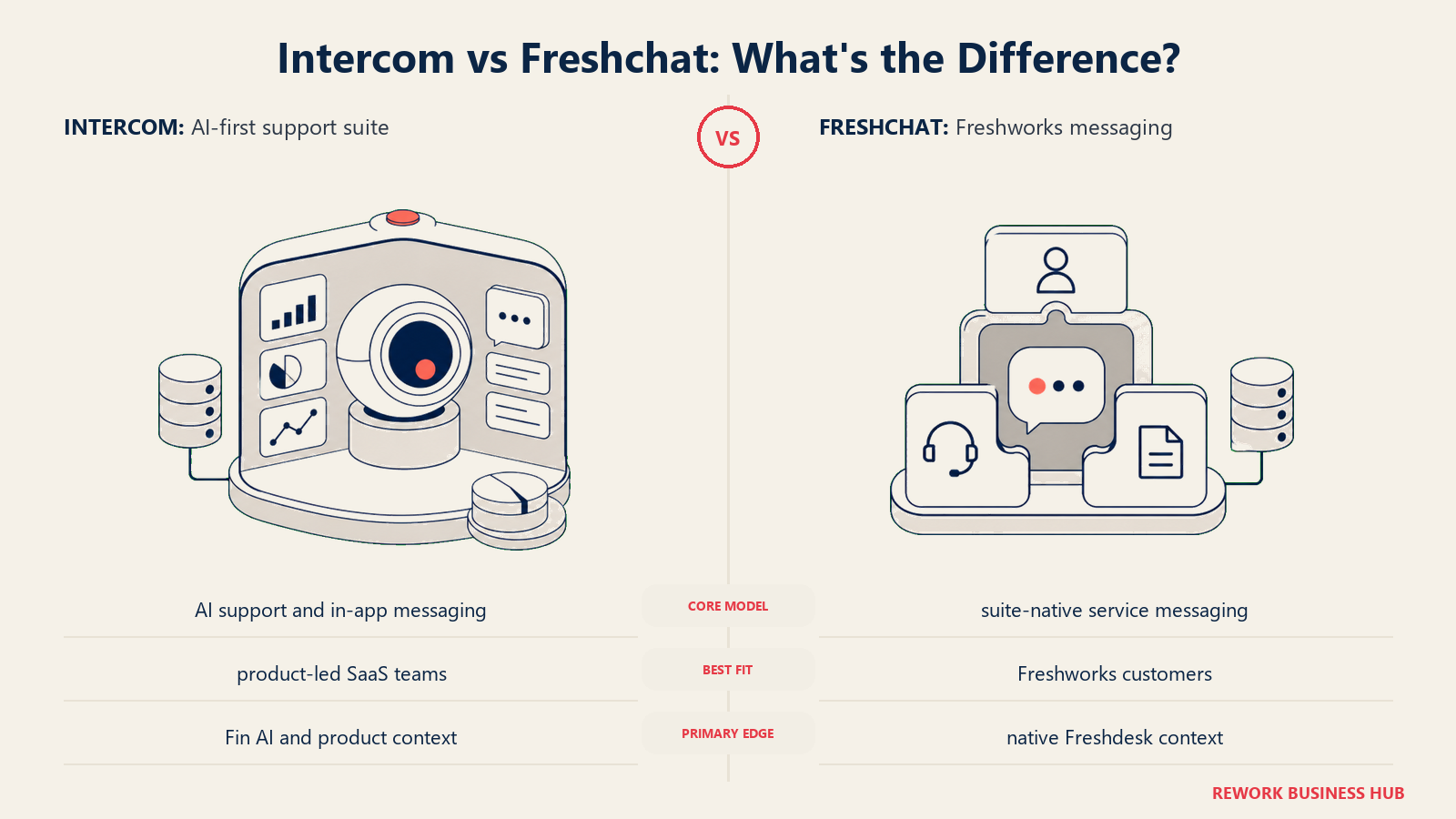 Intercom versus Freshchat shown with matched metaphors for their operating models