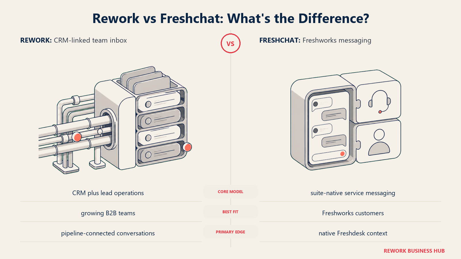 Rework versus Freshchat shown with matched metaphors for their operating models