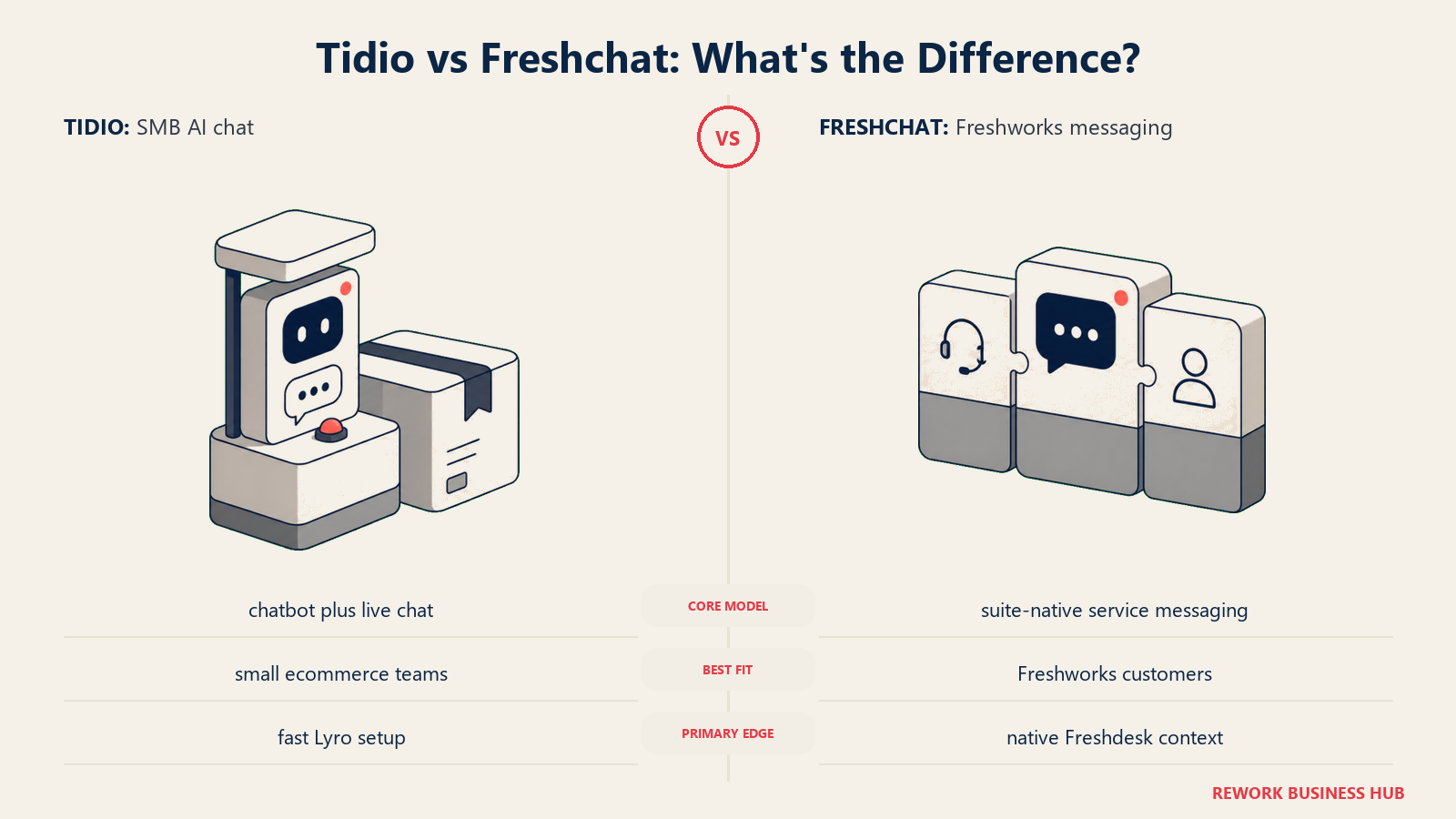 Tidio versus Freshchat shown with matched metaphors for their operating models