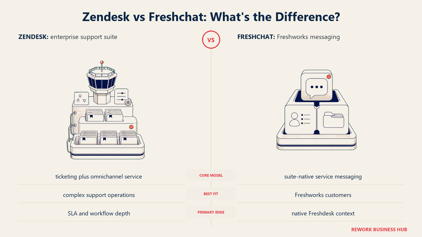 Zendesk versus Freshchat shown with matched metaphors for their operating models