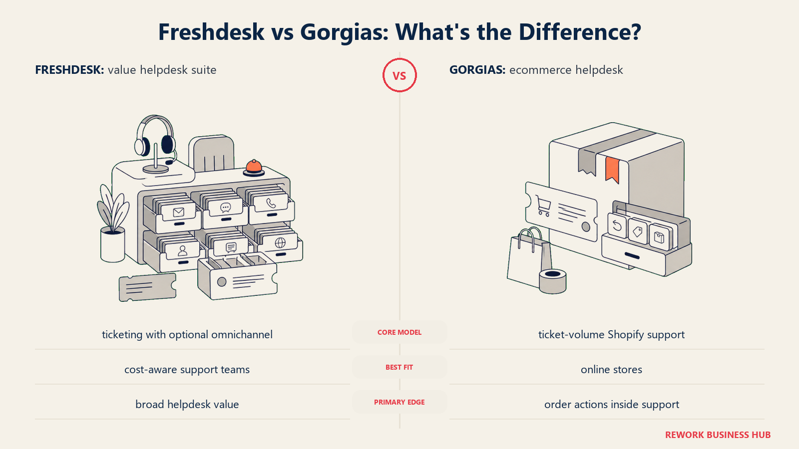 Freshdesk versus Gorgias shown with matched metaphors for their operating models