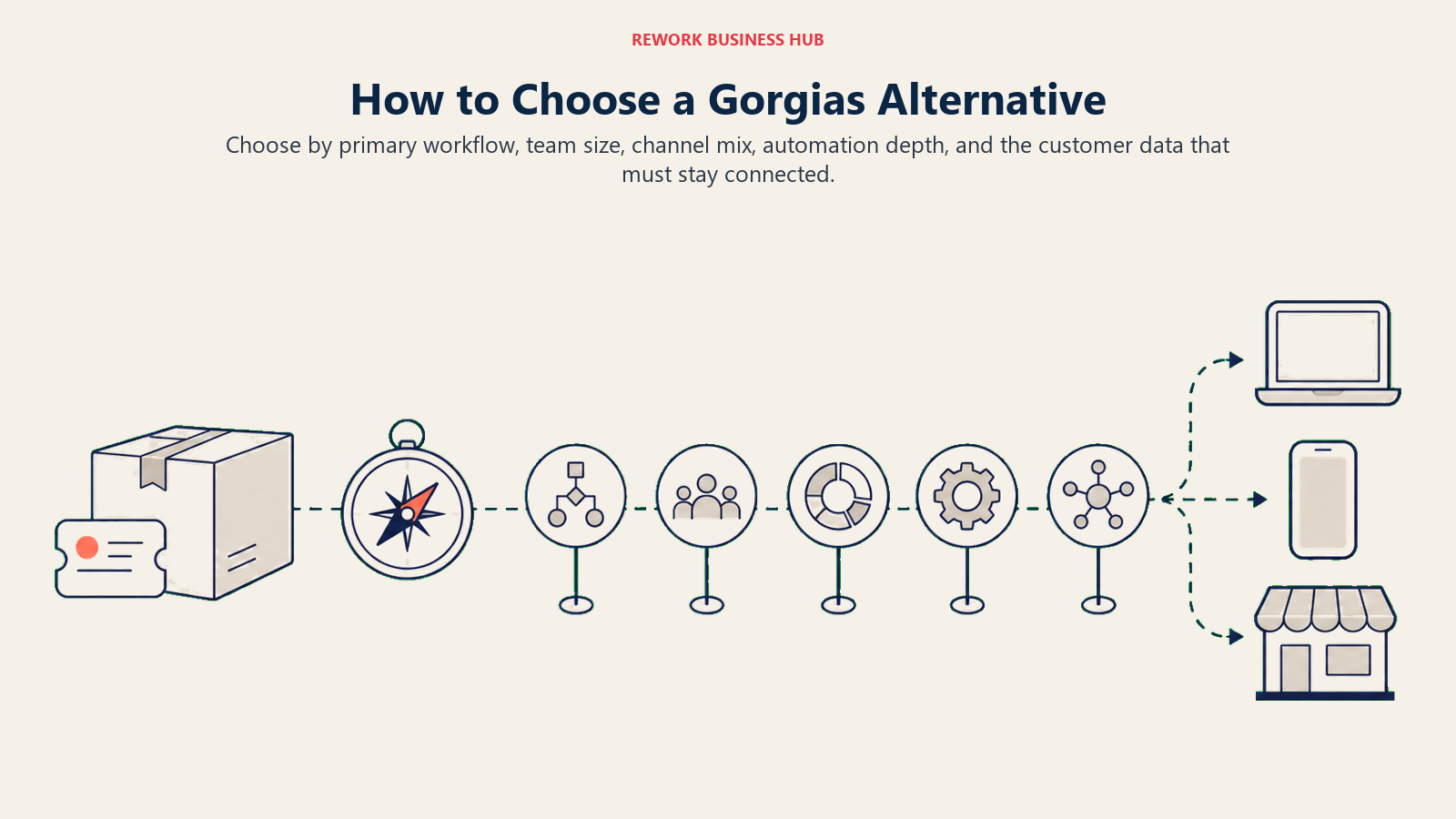 How to Choose a Gorgias Alternative illustrated as a buyer compass beginning beside a support ticket docked to an ecommerce order parcel, then five distinct route markers for workflow, team scale, channel mix, automation depth, and connected customer data, ending at three different platform destinations