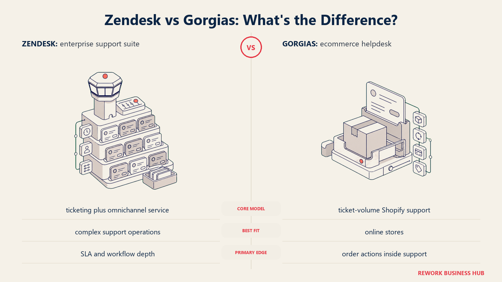 Zendesk versus Gorgias shown with matched metaphors for their operating models