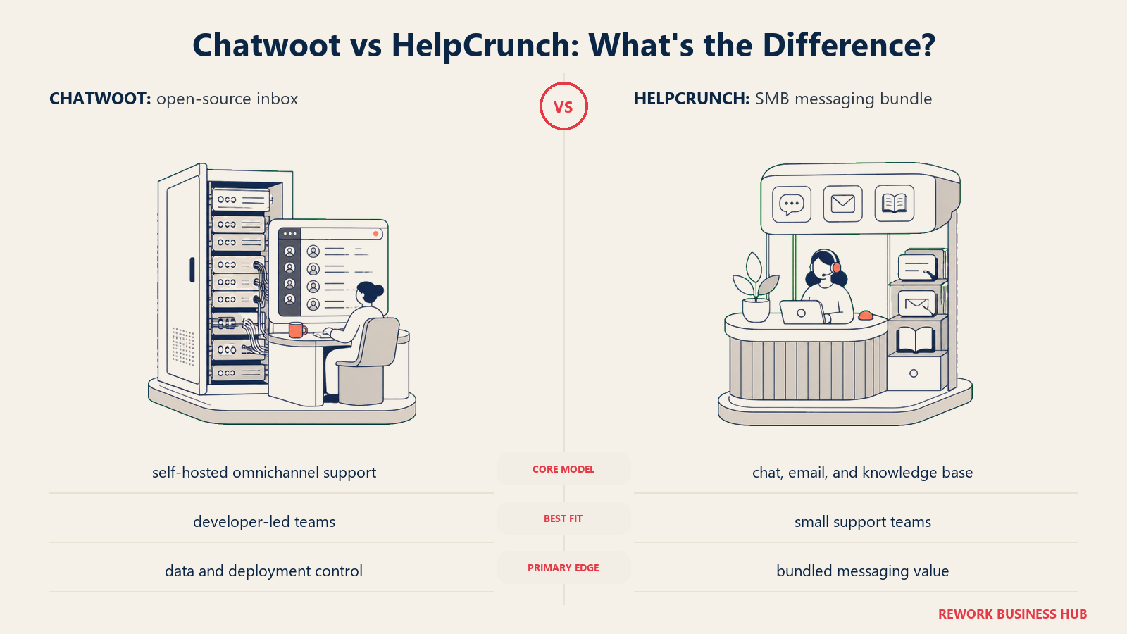 Chatwoot versus HelpCrunch shown with matched metaphors for their operating models