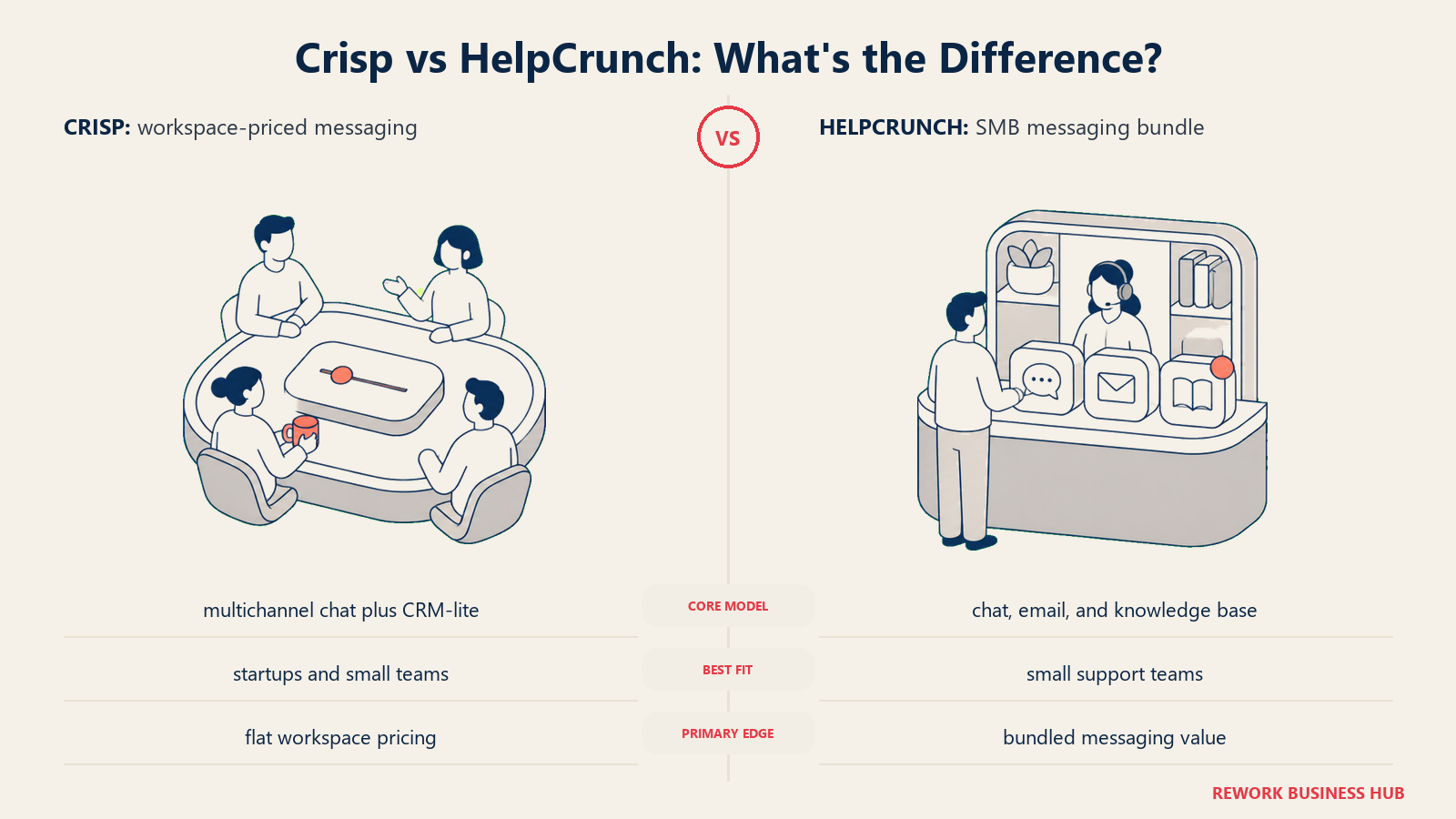 Crisp versus HelpCrunch shown with matched metaphors for their operating models