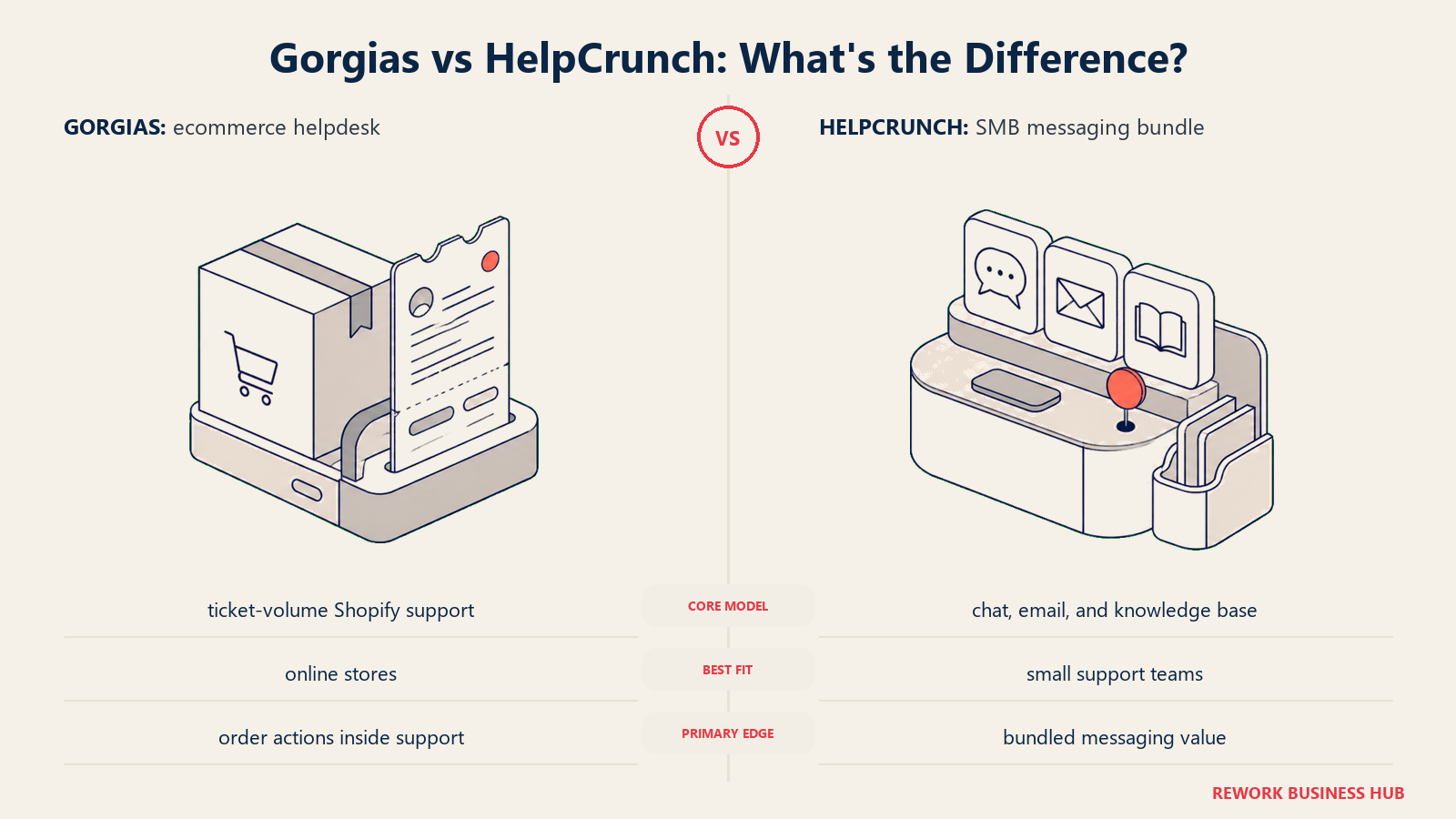 Gorgias versus HelpCrunch shown with matched metaphors for their operating models