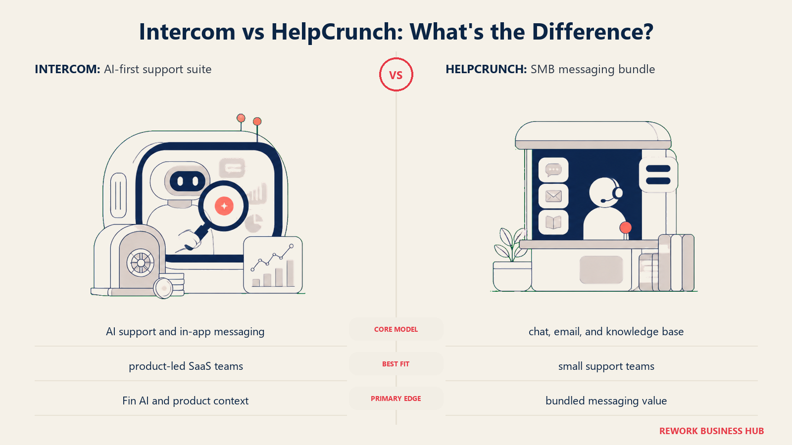 Intercom versus HelpCrunch shown with matched metaphors for their operating models