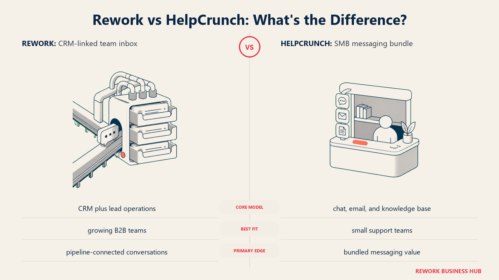 Rework versus HelpCrunch shown with matched metaphors for their operating models