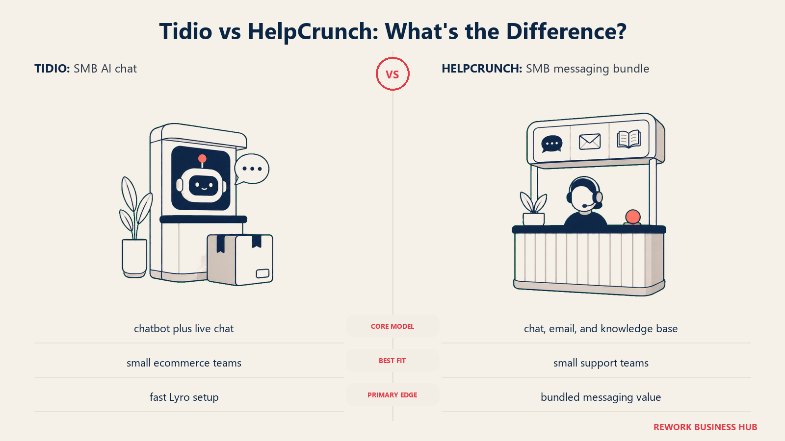 Tidio versus HelpCrunch shown with matched metaphors for their operating models