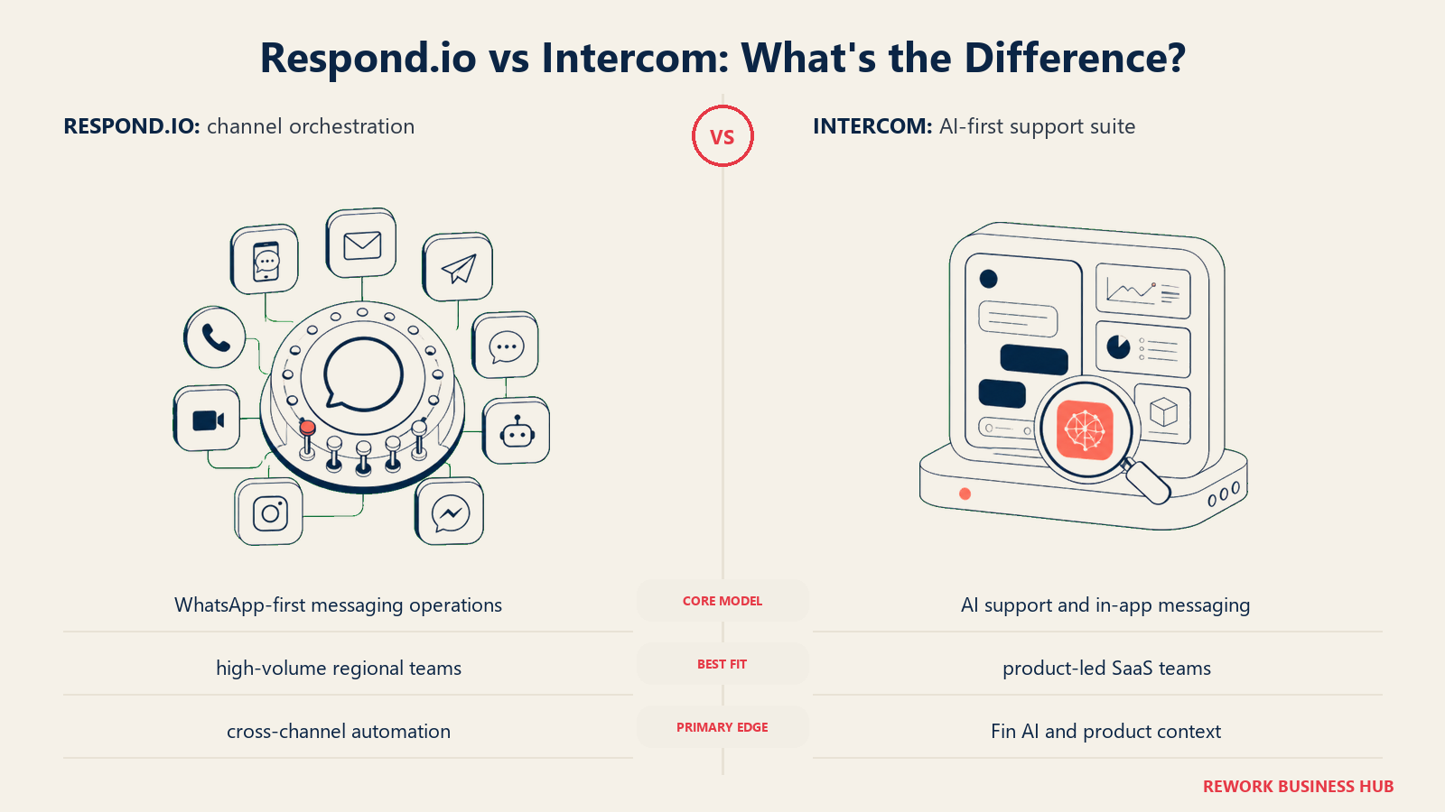 Respond.io versus Intercom shown with matched metaphors for their operating models