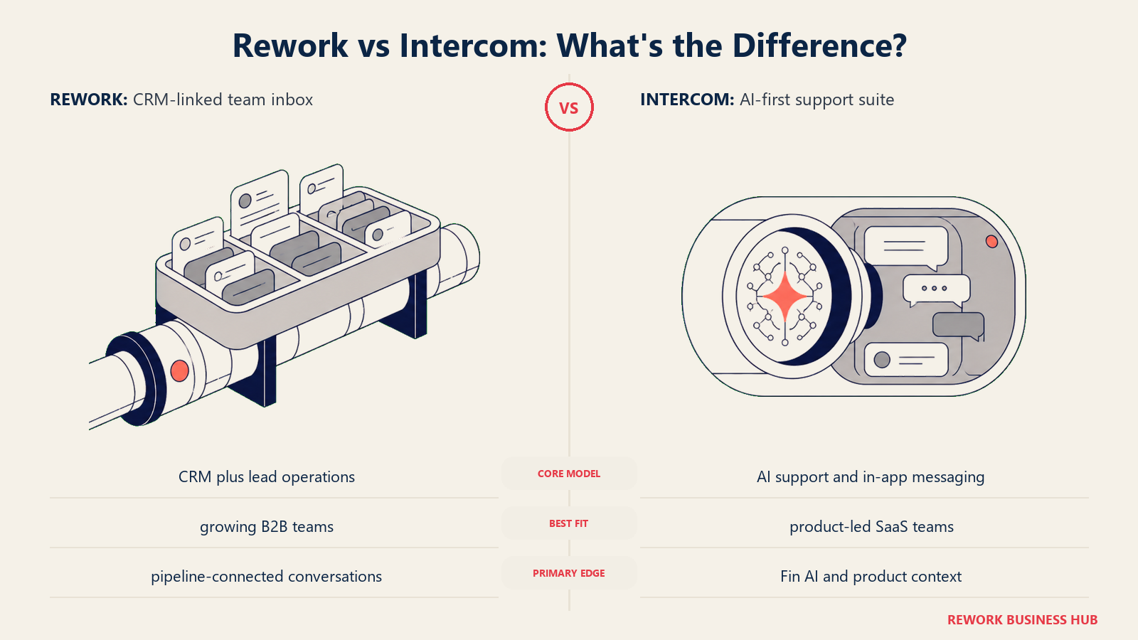 Rework versus Intercom shown with matched metaphors for their operating models