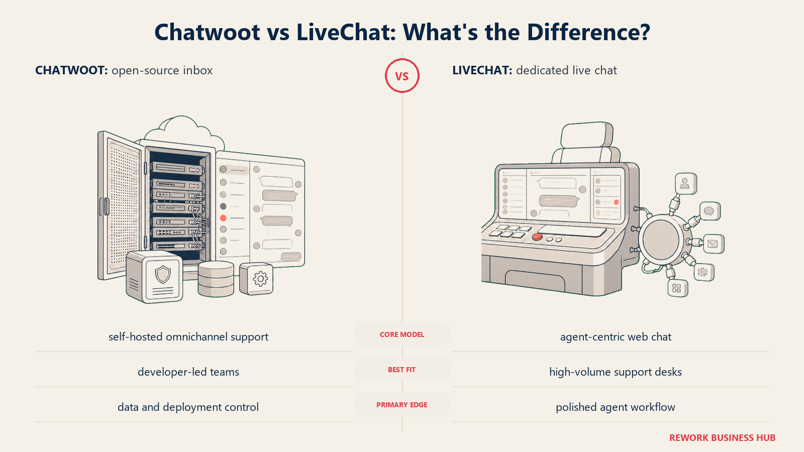 Chatwoot versus LiveChat shown with matched metaphors for their operating models