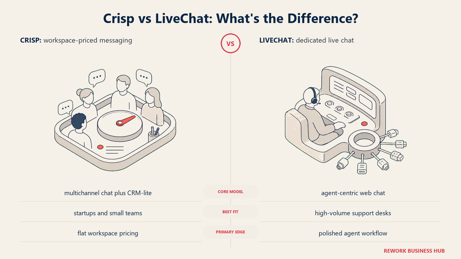 Crisp versus LiveChat shown with matched metaphors for their operating models