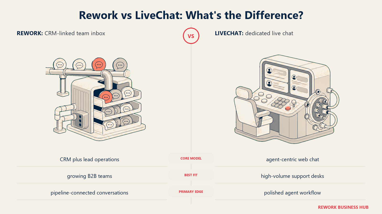 Rework versus LiveChat shown with matched metaphors for their operating models