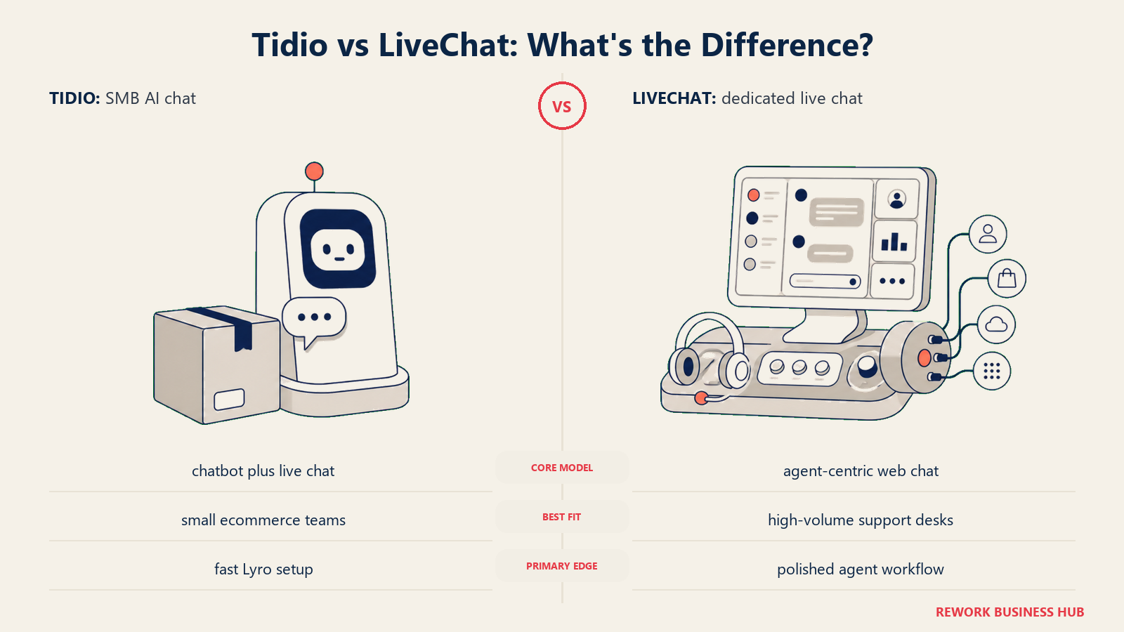 Tidio versus LiveChat shown with matched metaphors for their operating models