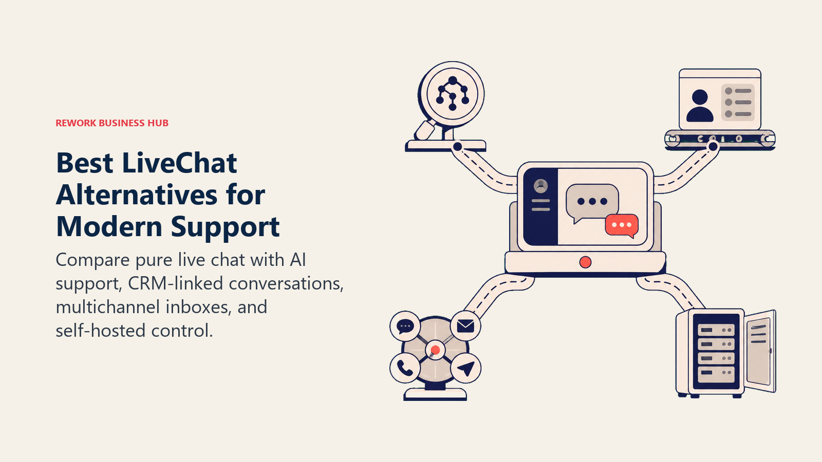Best LiveChat Alternatives for Modern Support illustrated as a sturdy web chat console at the center of four upgrade routes: AI lens, CRM rail, channel switchboard, and open server cabinet