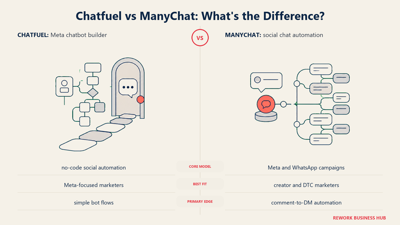 Chatfuel versus ManyChat shown with matched metaphors for their operating models