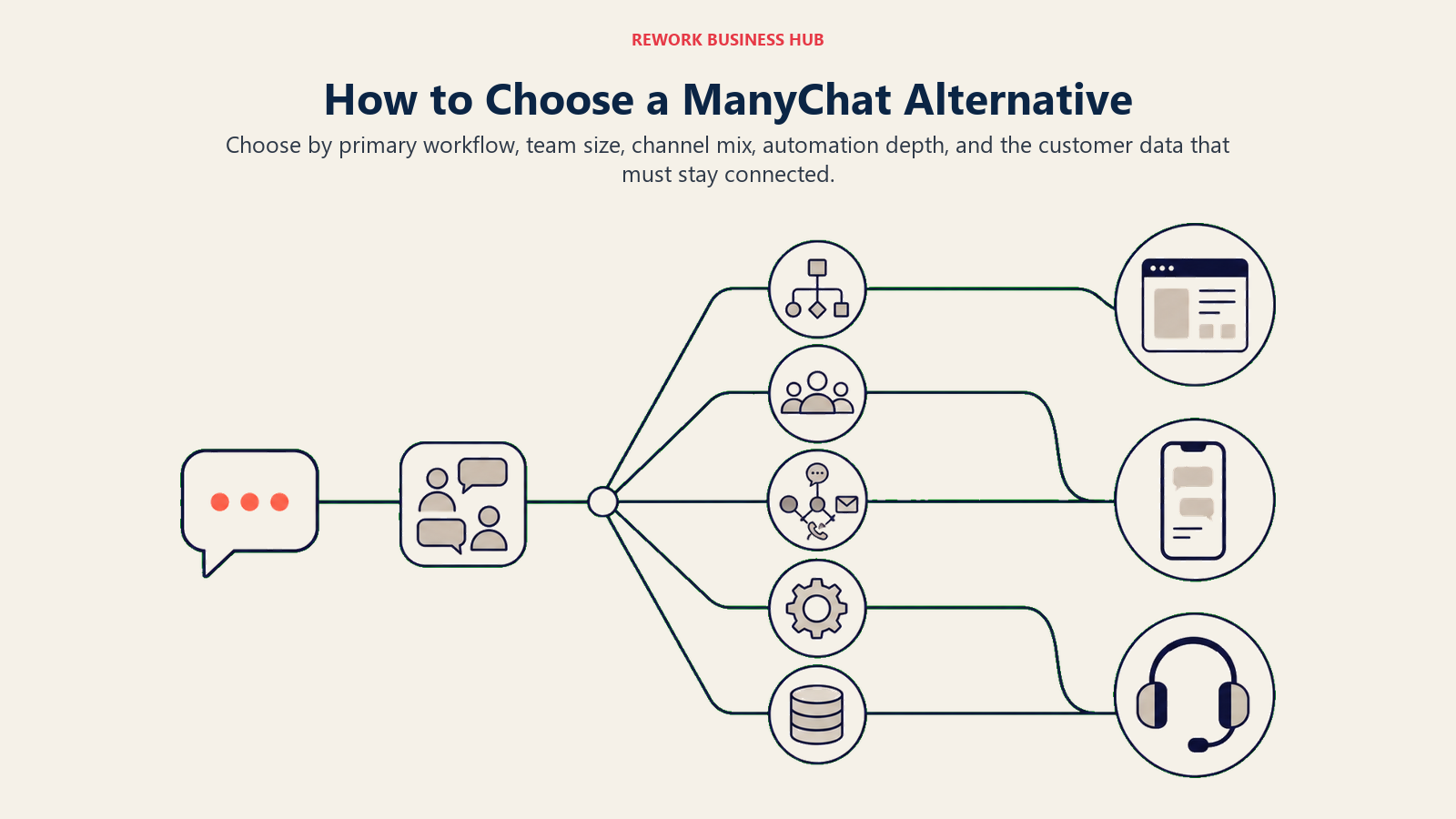 How to Choose a ManyChat Alternative illustrated as a buyer compass beginning beside a social comment token becoming a branching direct-message flow, then five distinct route markers for workflow, team scale, channel mix, automation depth, and connected customer data, ending at three different platform destinations