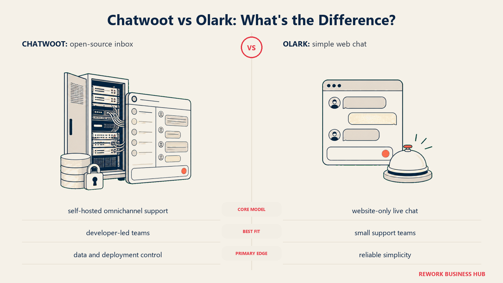 Chatwoot versus Olark shown with matched metaphors for their operating models