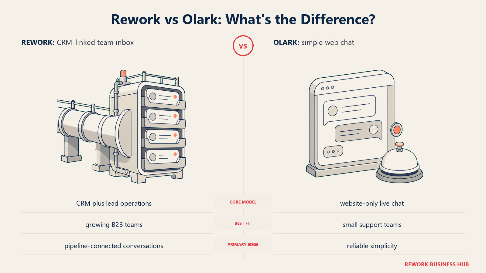 Rework versus Olark shown with matched metaphors for their operating models