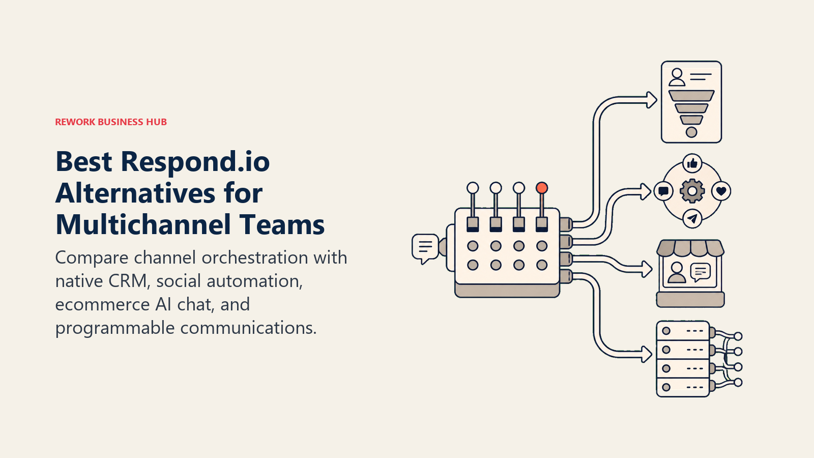 Best Respond.io Alternatives for Multichannel Teams illustrated as a multichannel switchboard distributing messages toward a CRM pipeline, social automation wheel, ecommerce chat kiosk, and API connector rack