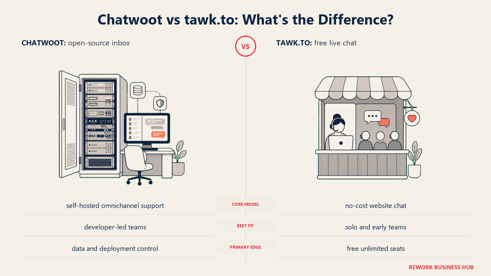 Chatwoot versus tawk.to shown with matched metaphors for their operating models
