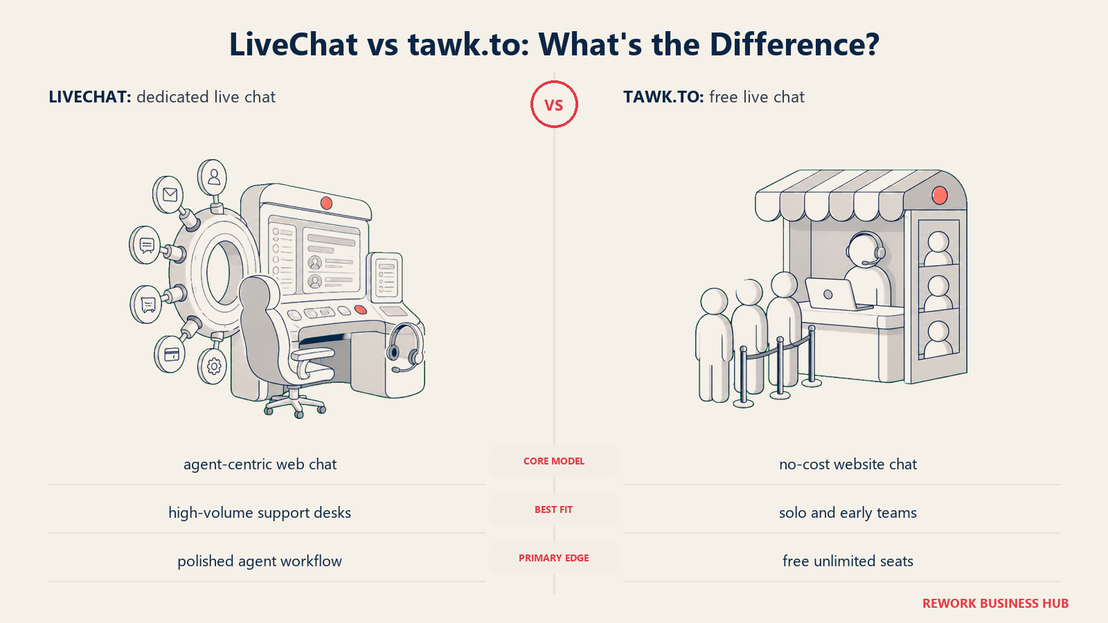 LiveChat versus tawk.to shown with matched metaphors for their operating models