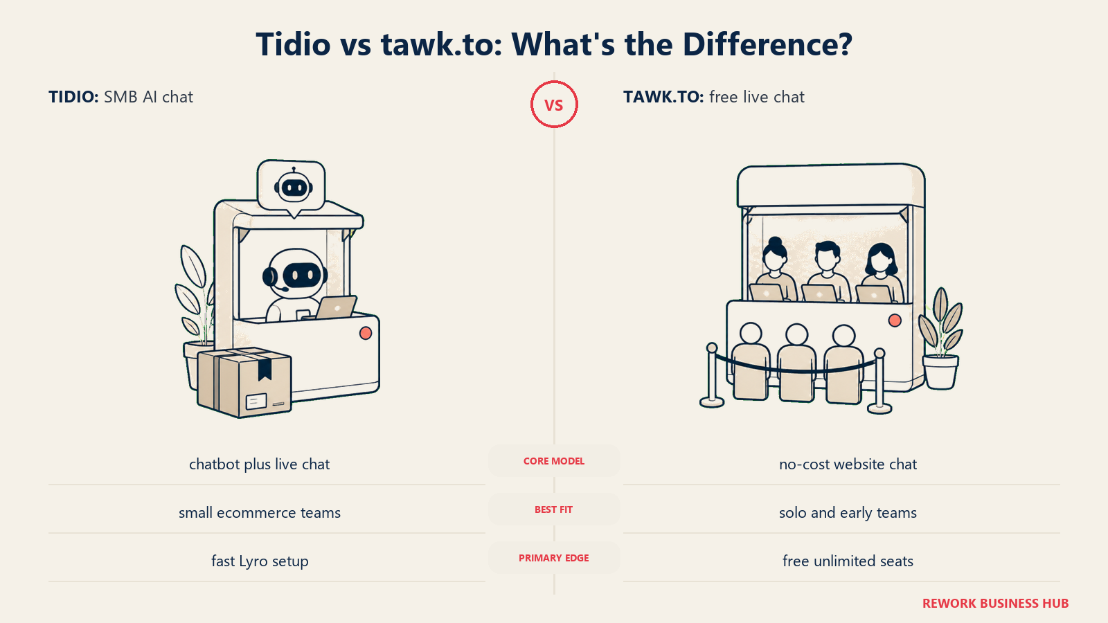 Tidio versus tawk.to shown with matched metaphors for their operating models