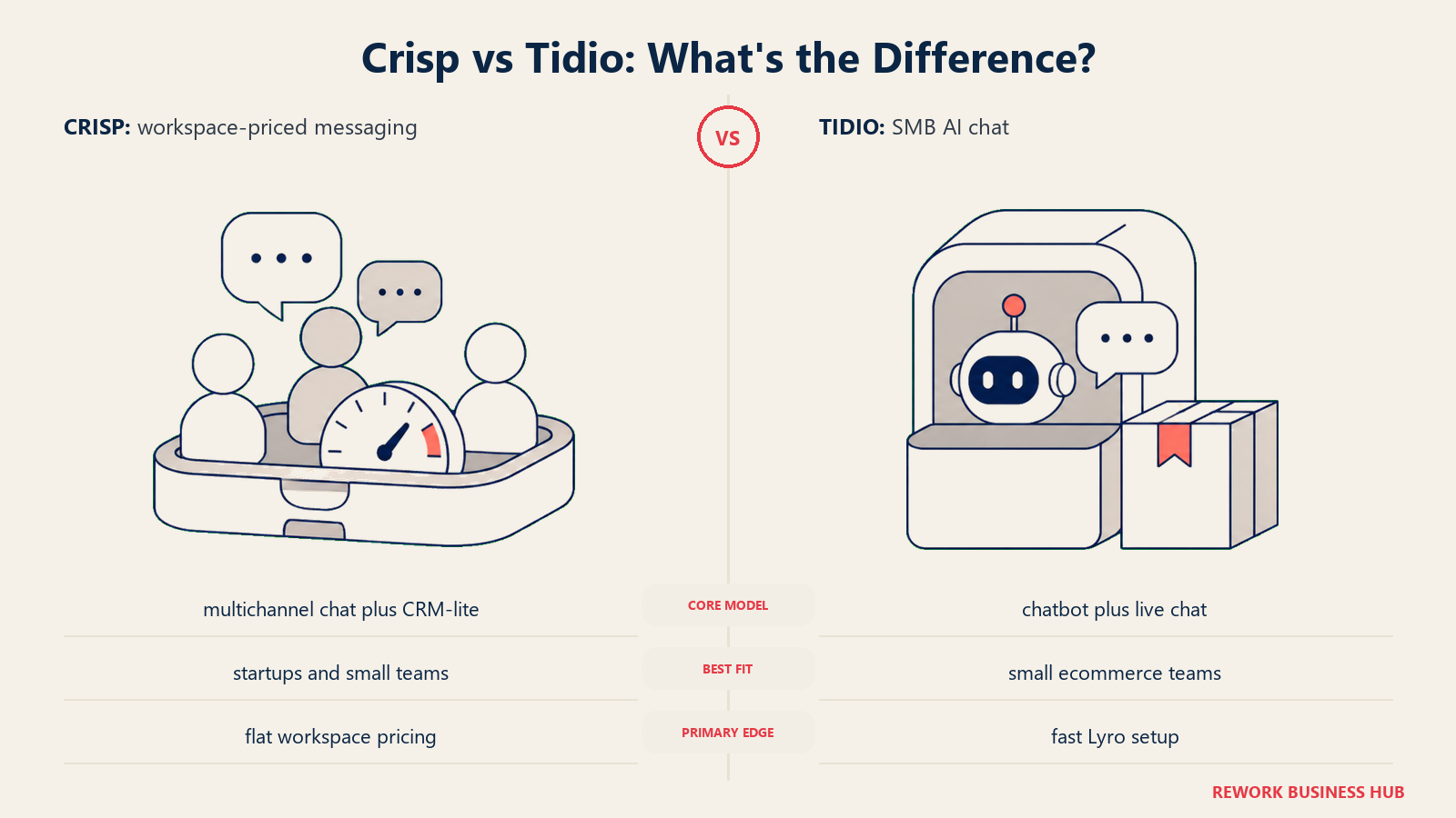 Crisp versus Tidio shown with matched metaphors for their operating models
