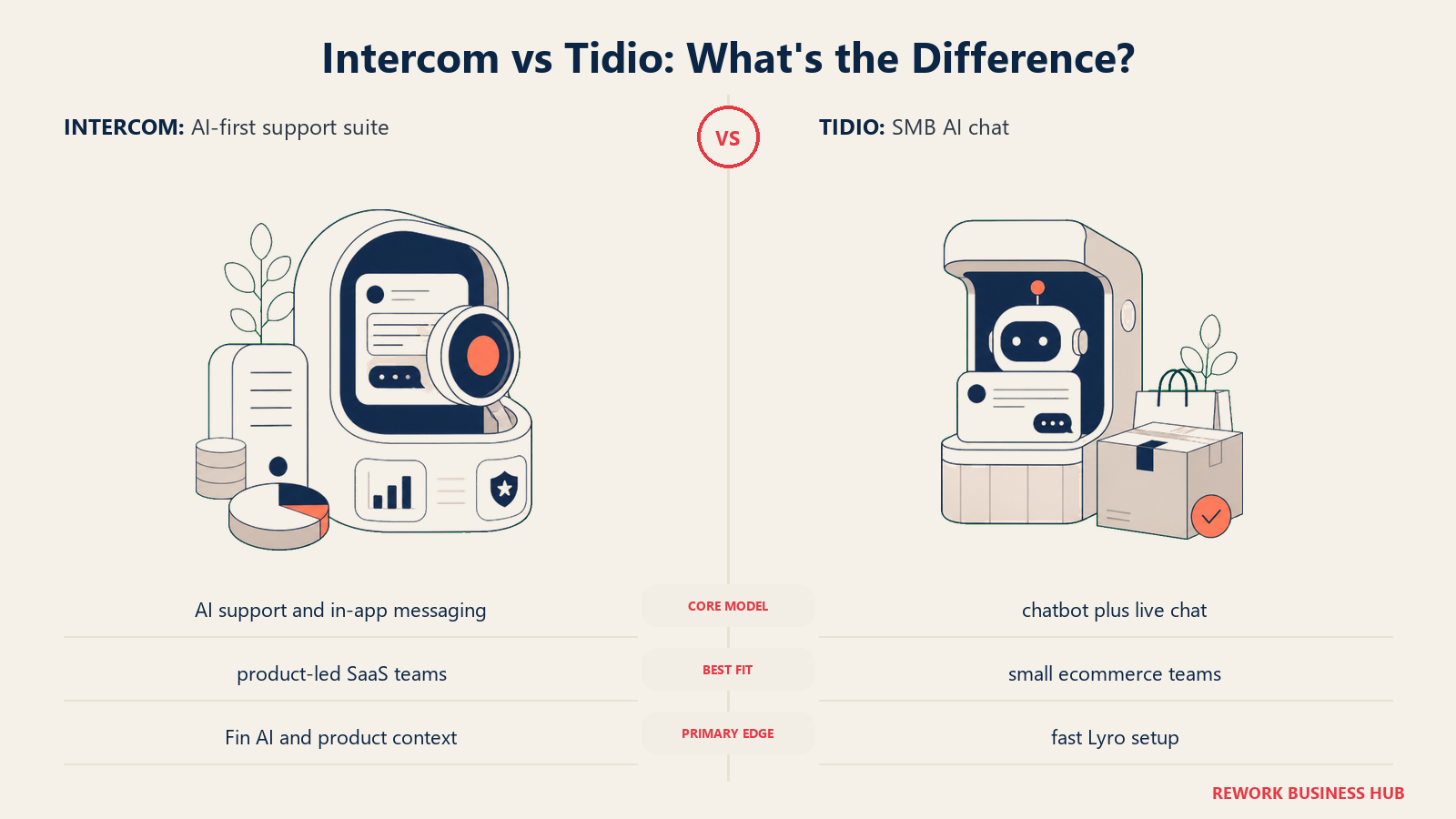 Intercom versus Tidio shown with matched metaphors for their operating models