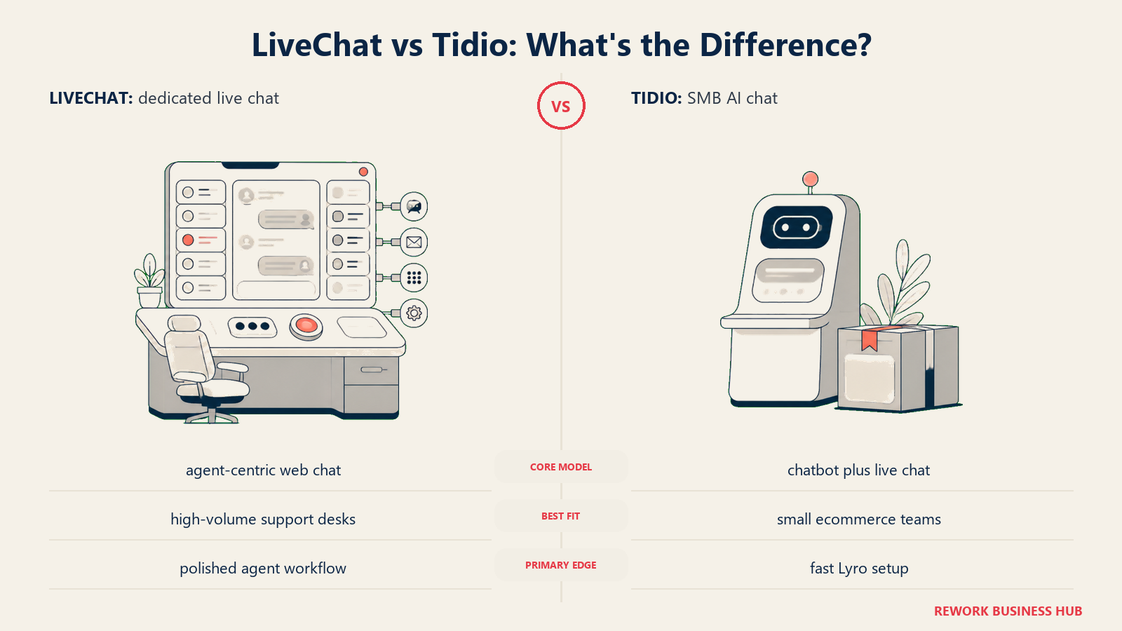 LiveChat versus Tidio shown with matched metaphors for their operating models