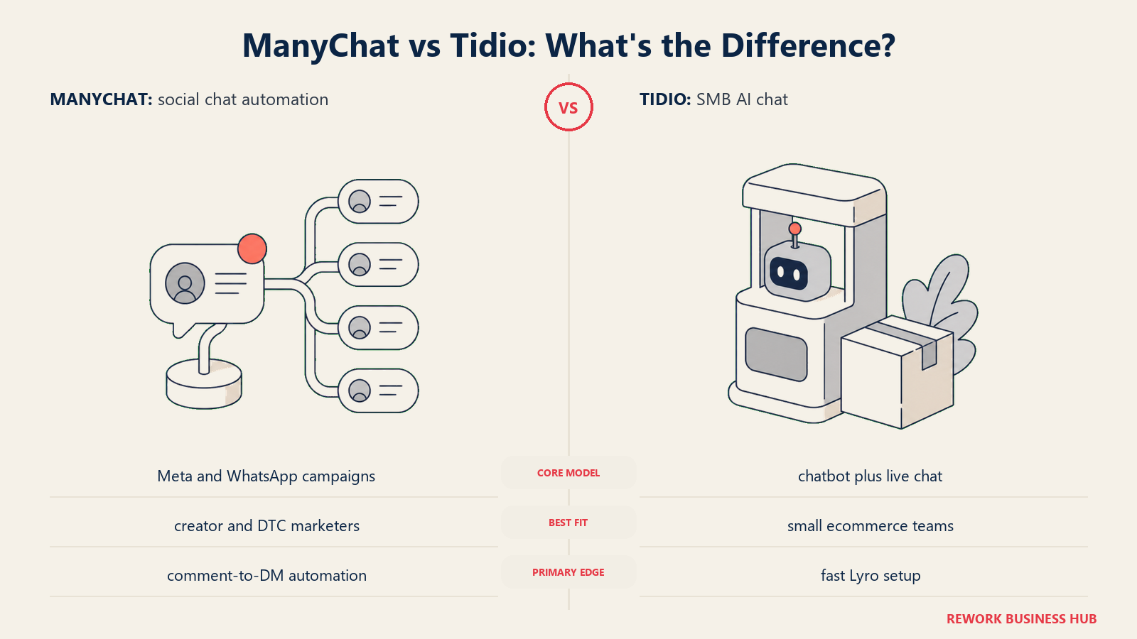 ManyChat versus Tidio shown with matched metaphors for their operating models