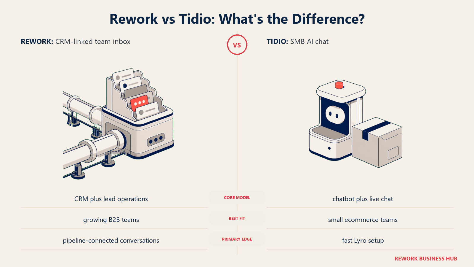 Rework versus Tidio shown with matched metaphors for their operating models