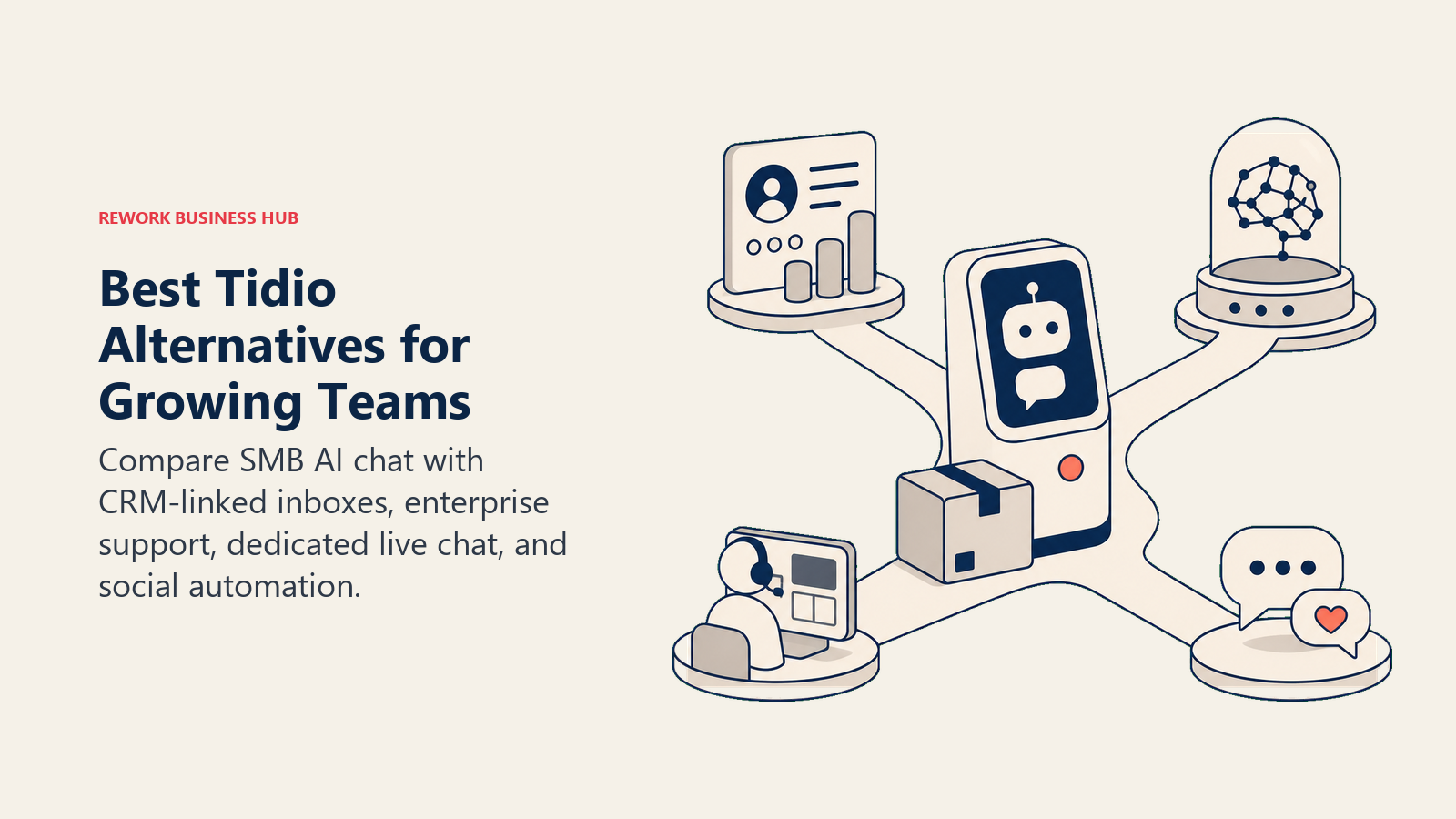 Best Tidio Alternatives for Growing Teams illustrated as a compact chatbot kiosk beside a shopping parcel facing four paths: CRM rail, enterprise AI pod, agent console, and social message flow