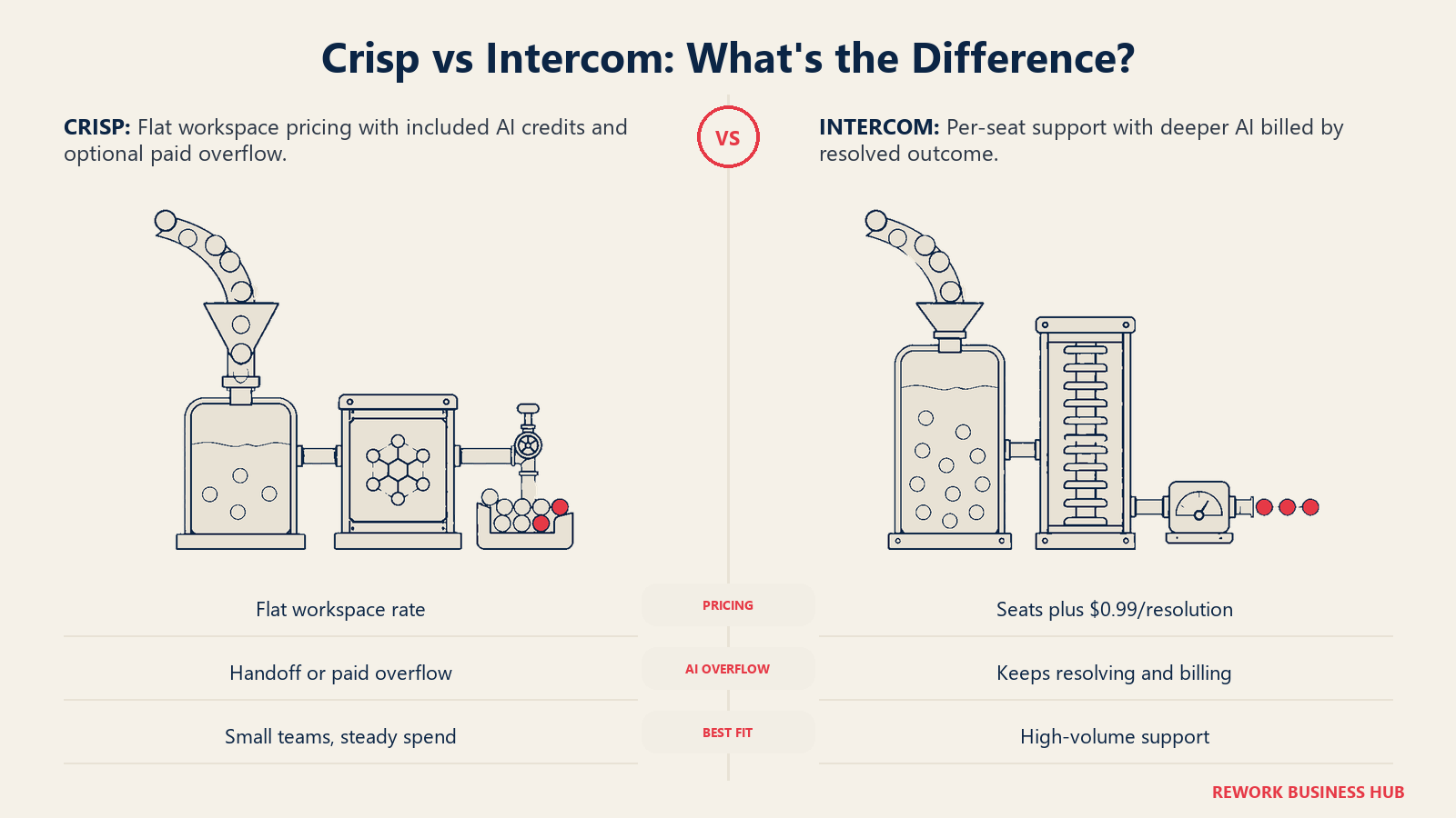 Crisp vs Intercom comparison showing capped flat-rate AI handoff versus metered high-volume AI resolution