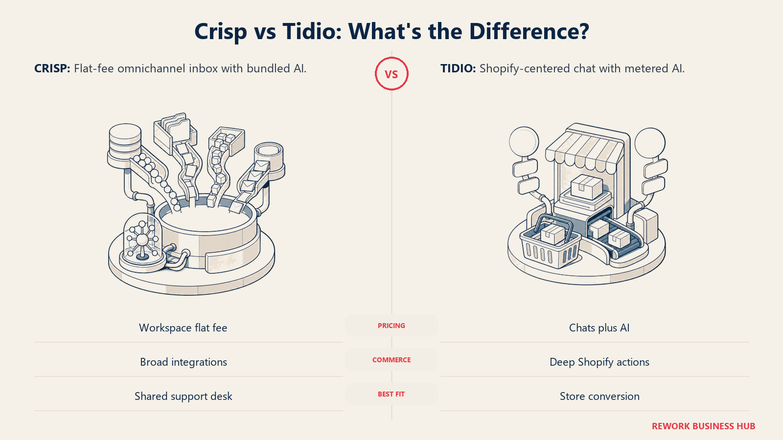 Crisp flat-fee omnichannel support hub compared with Tidio's metered Shopify conversation engine